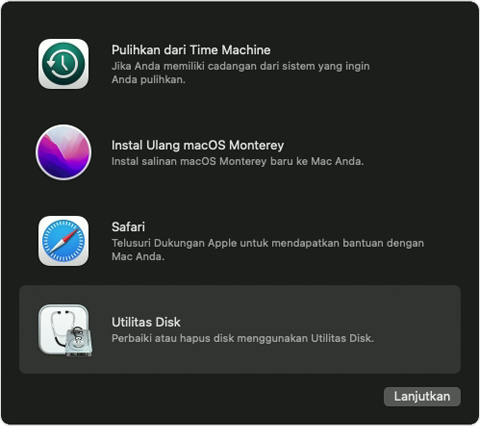 Jendela utilitas Pemulihan macOS dengan Utilitas Disk dipilih