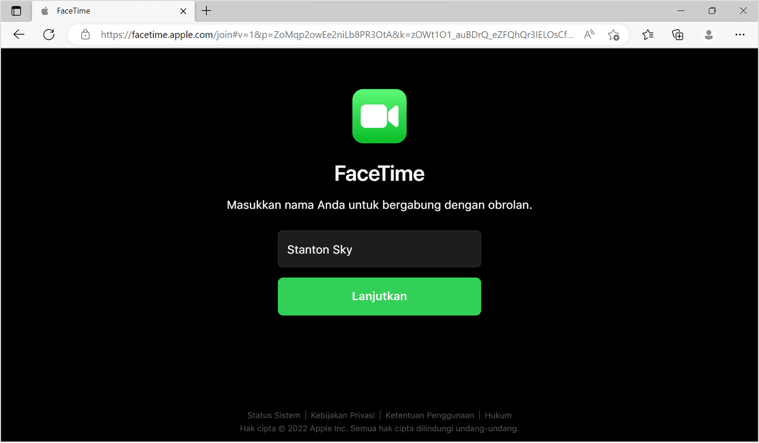 Jendela browser FaceTime: Masukkan nama Anda