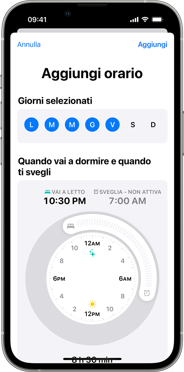 Schermata di un iPhone che mostra le opzioni per modificare tutti gli orari di sonno