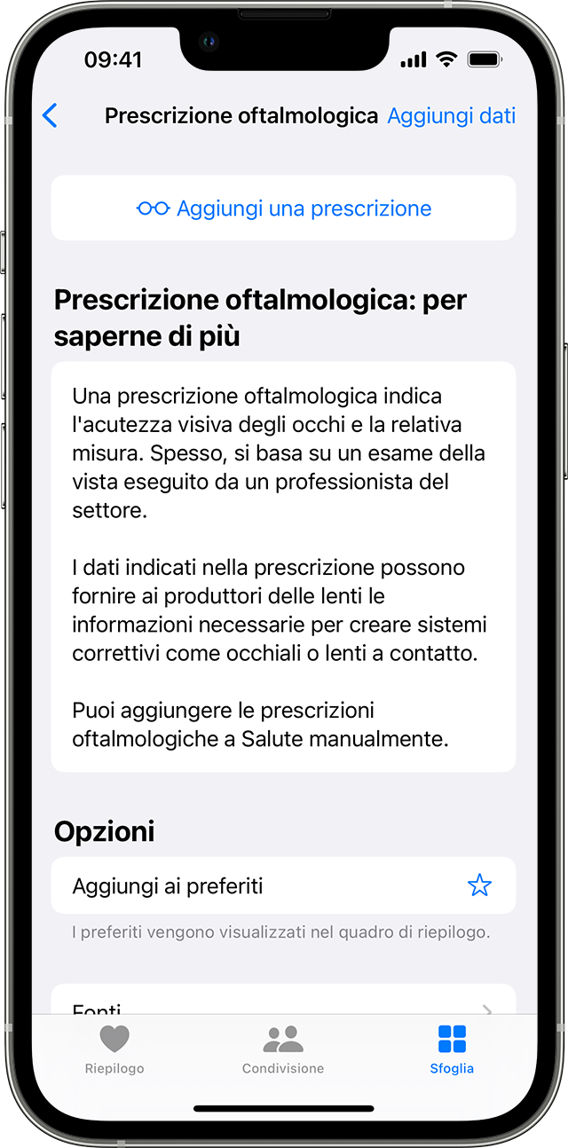 Aggiungere una prescrizione oftalmologica nell'app Salute - Supporto Apple  (IT)