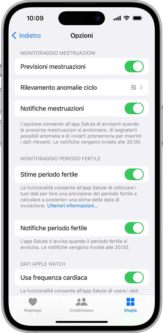 Opzioni di Monitoraggio ciclo per le notifiche di monitoraggio delle mestruazioni e del periodo fertile su iPhone