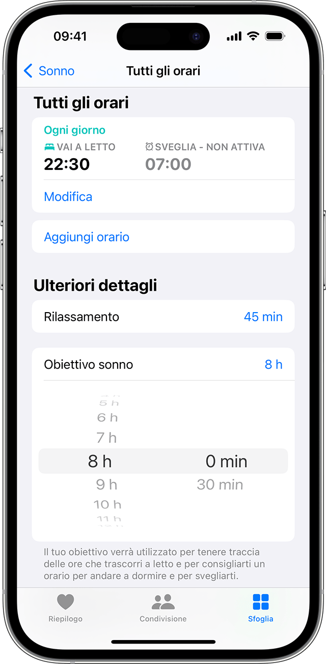 Schermata di un iPhone che mostra le opzioni per regolare un obiettivo di sonno