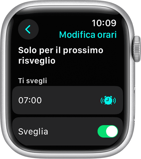 Schermata di un Apple Watch che mostra le opzioni per modificare Solo per il prossimo risveglio