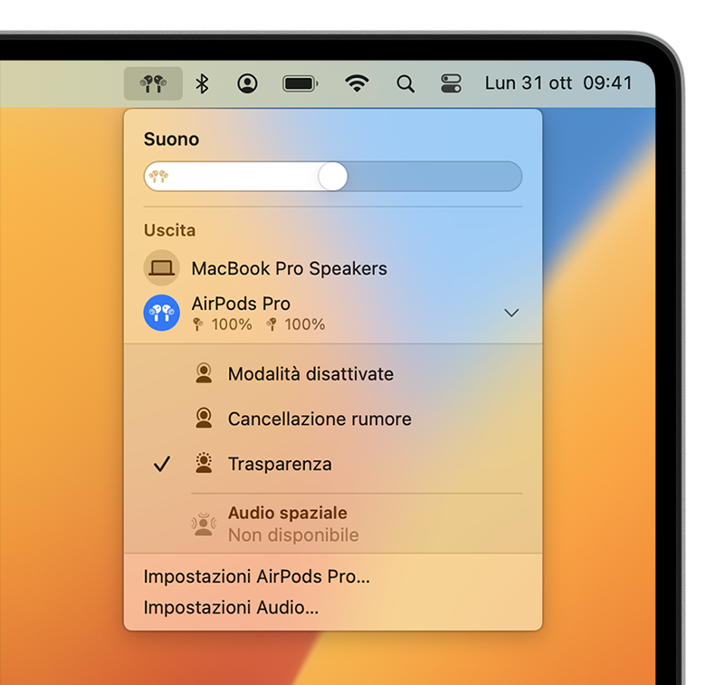 Usa la barra dei menu sul tuo Mac per passare da una modalità di controllo del rumore all'altra
