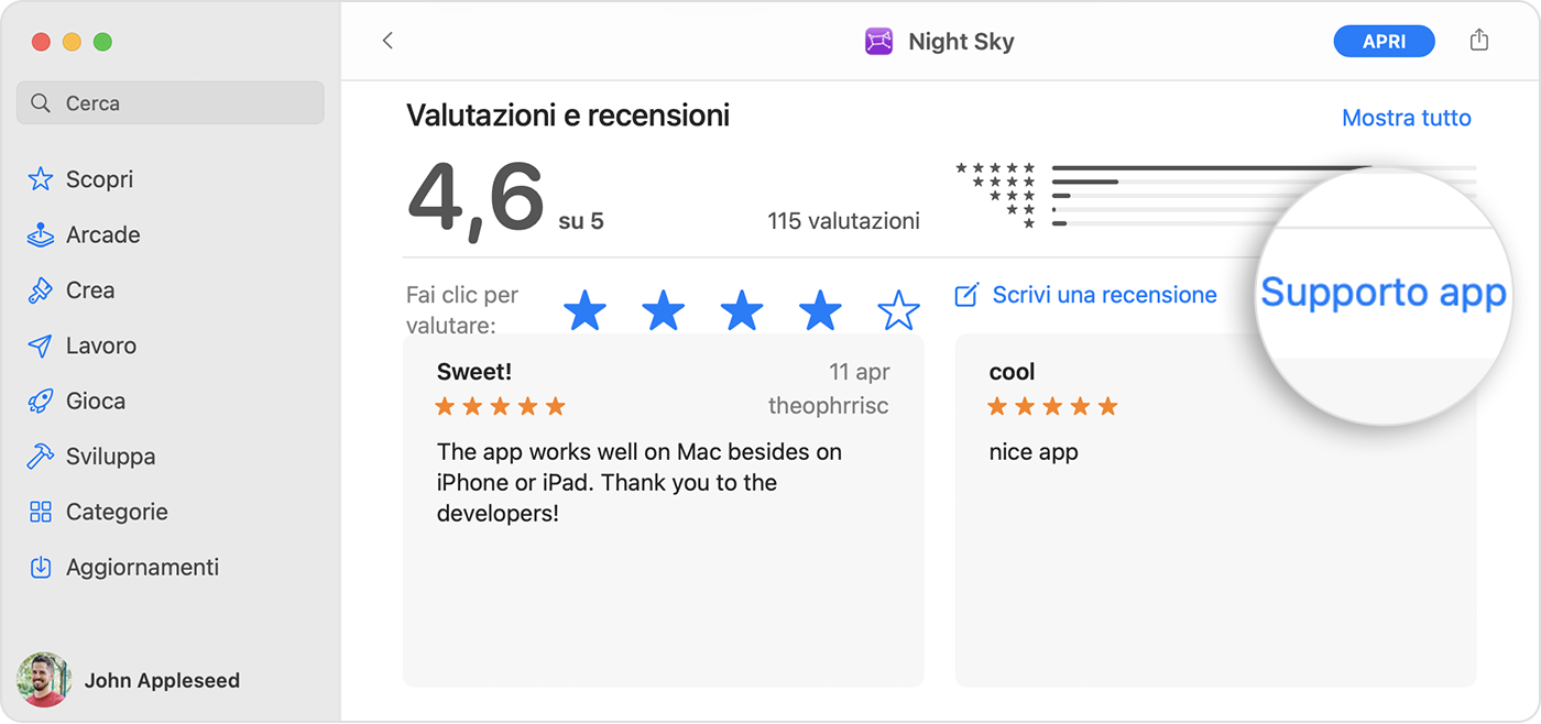Nell'App Store su Mac, il pulsante Supporto app si trova sotto la sezione delle valutazioni e delle recensioni della pagina dell'app.