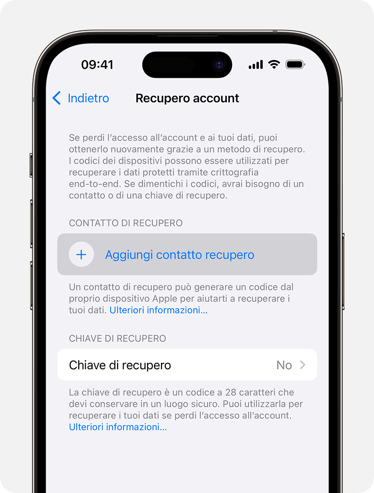 Configurare un contatto di recupero dell'account - Supporto Apple (IT)