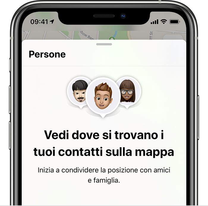 Schermata Persone su iPhone che mostra le immagini di tre persone e la scritta “Vedi dove si trovano i tuoi contatti sulla mappa”.