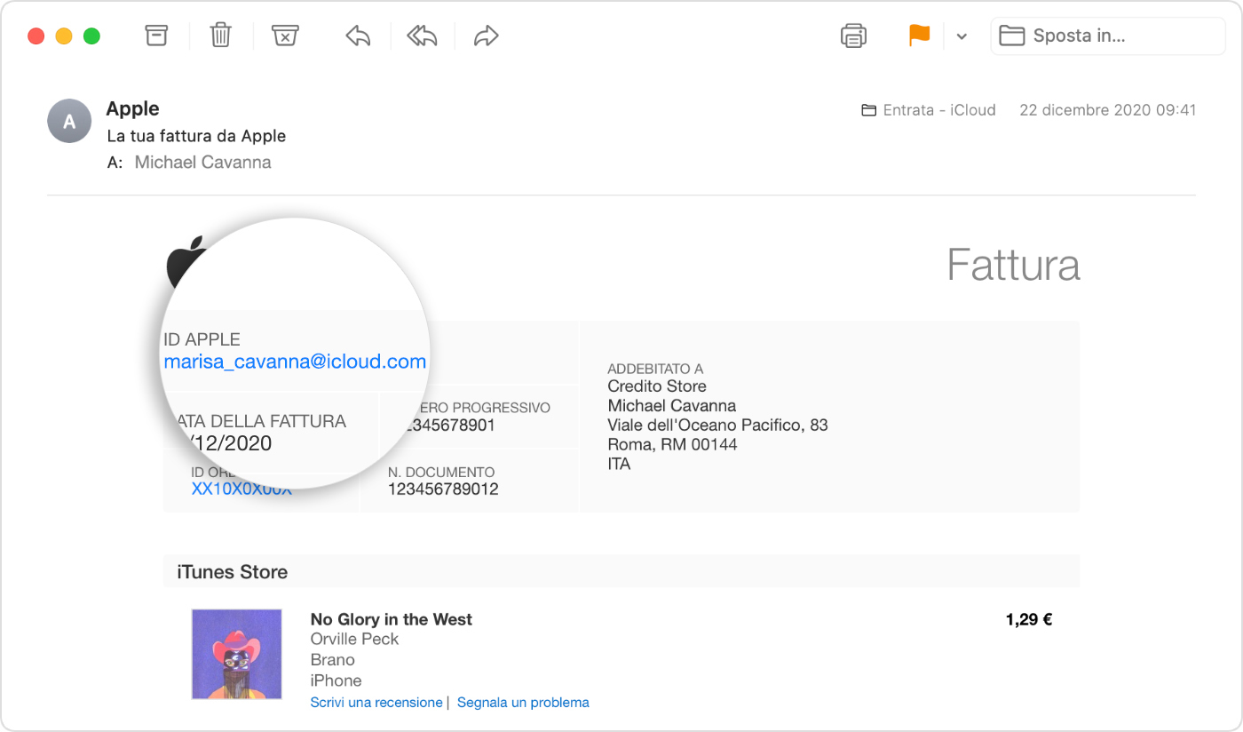 Email che mostra la fattura di Apple con l'ID Apple della persona che ha effettuato l'acquisto.