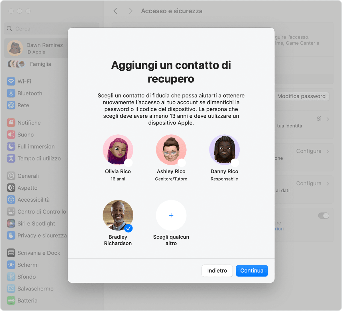 Schermata del Mac che mostra i contatti che puoi aggiungere come contatto di recupero
