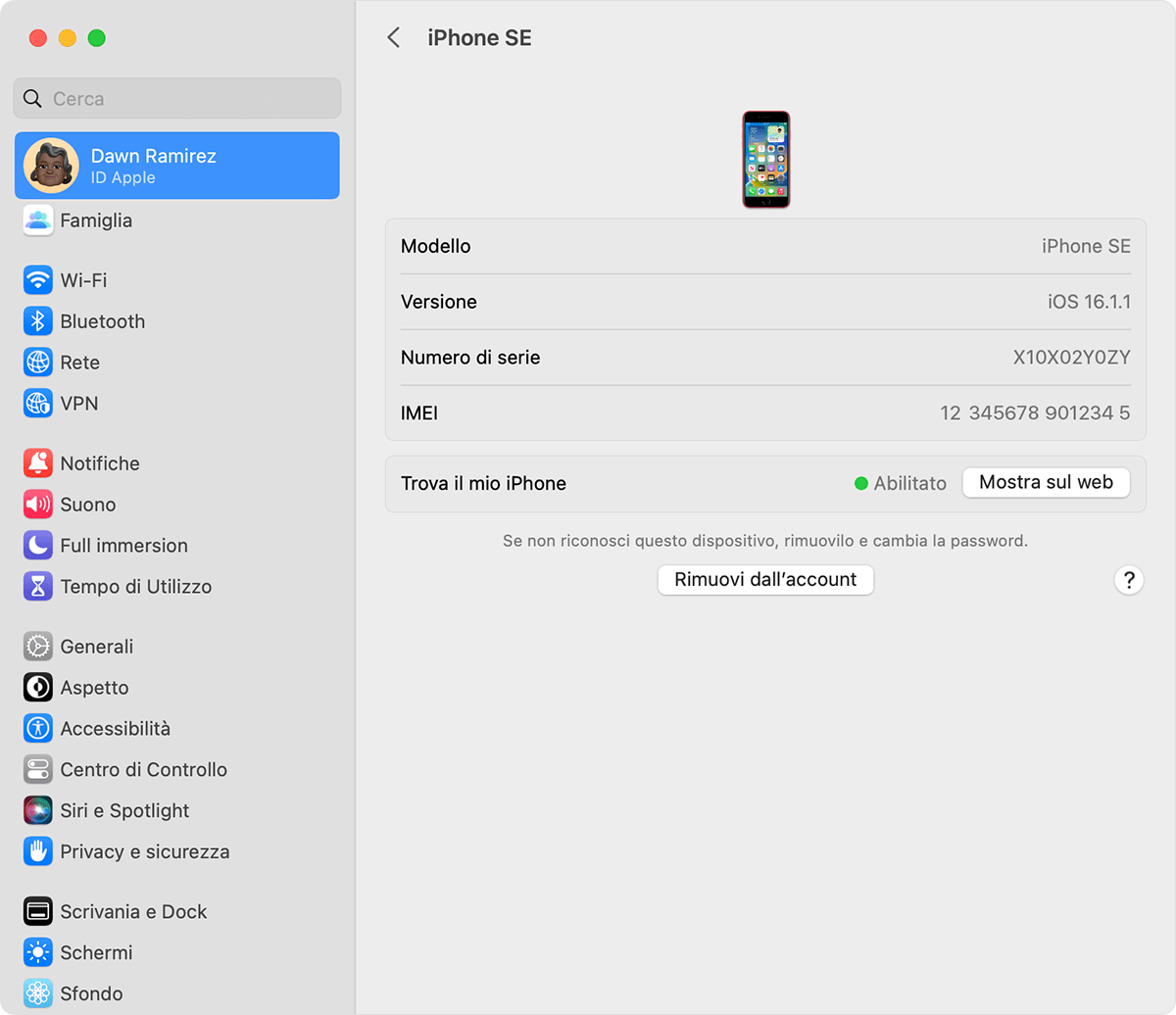 Rimuovere un dispositivo dall'elenco dei dispositivi dell'ID Apple su un Mac