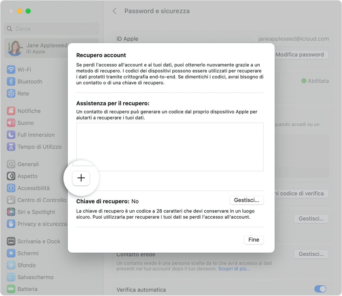 Su Mac, aggiungi un contatto di recupero in Impostazioni di Sistema.