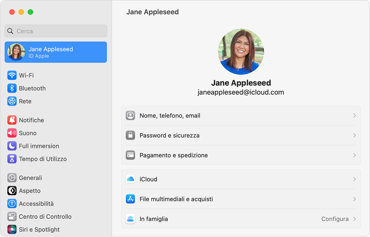 Su Mac, apri Impostazioni di Sistema e tocca il tuo nome per trovare l'indirizzo email del tuo ID Apple