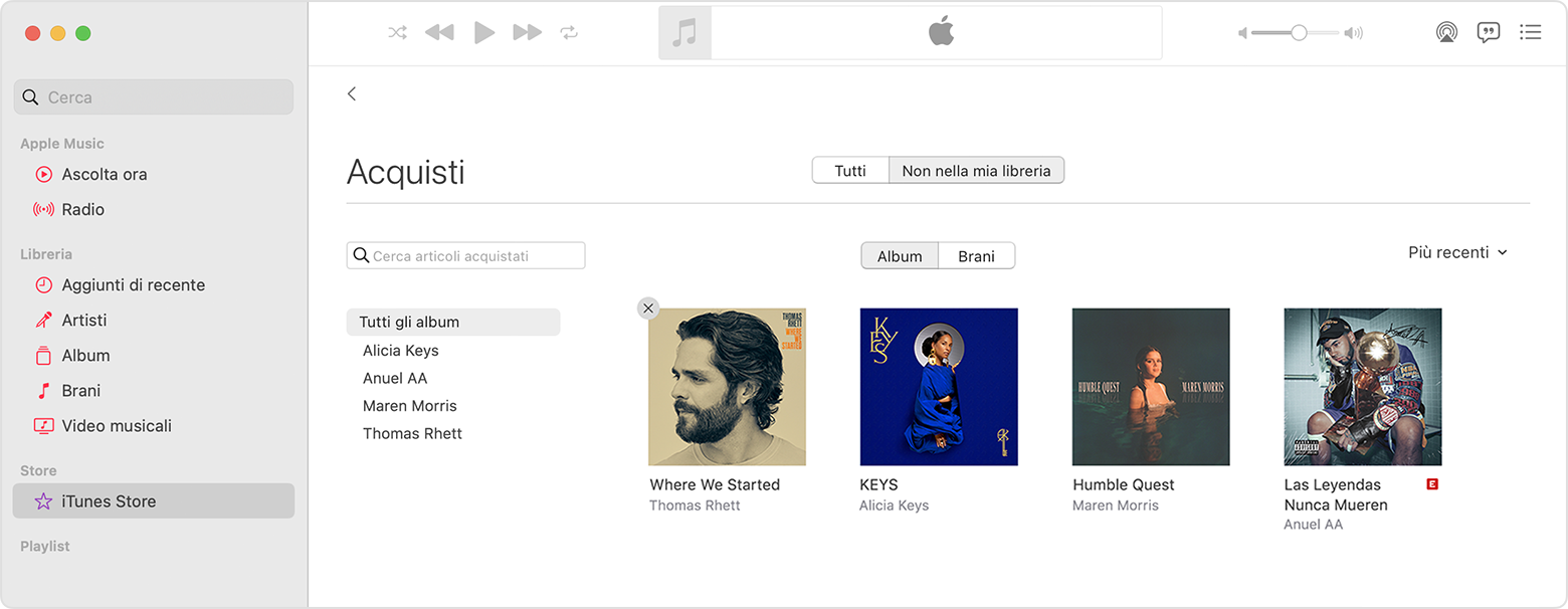 Pulsante Nascondi acquisto nell'app Apple Music su Mac