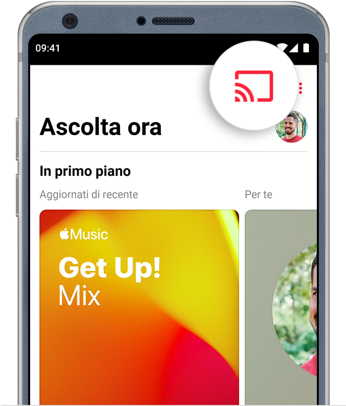 Telefono Android con il pulsante Cast nella parte superiore dell'app Apple Music
