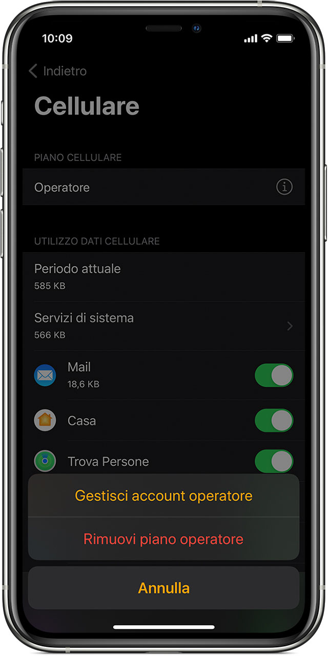 iPhone che mostra la schermata Cellulare nell'app Watch