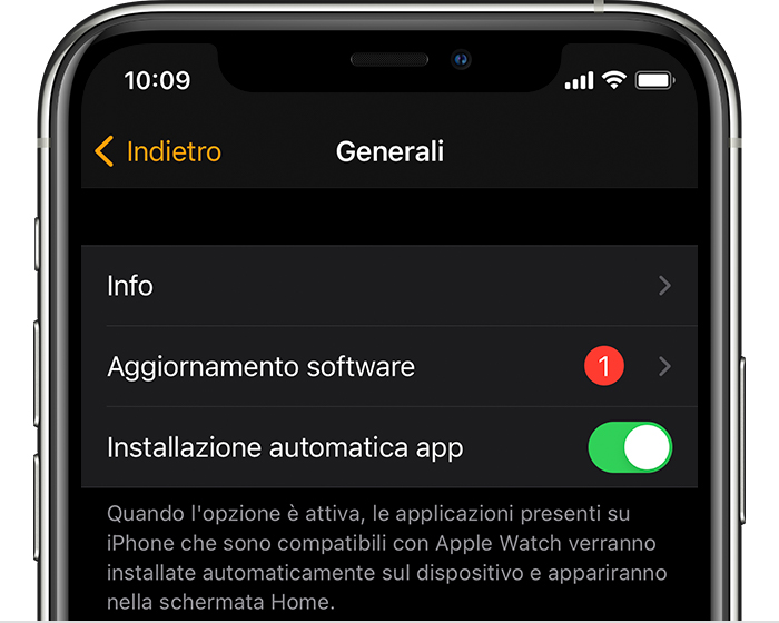Schermata dell'iPhone che mostra un aggiornamento software disponibile per Apple Watch