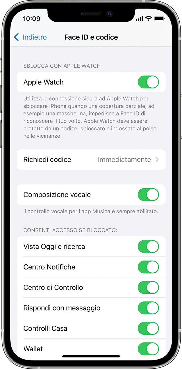 iOS: istantanea dello schermo con le opzioni dell'impostazione Face ID e codice.