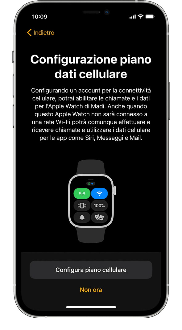 Schermata Configurazione piano dati cellulare durante la configurazione di Apple Watch su un iPhone.