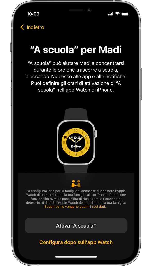 Opzione “A scuola” durante la configurazione di Apple Watch su iPhone.