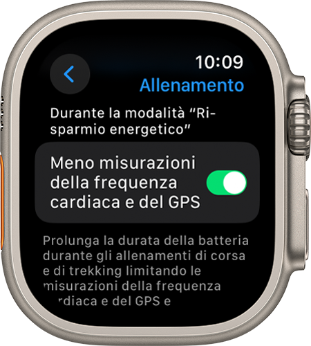 Schermata delle impostazioni di allenamento su Apple Watch che mostra l'impostazione Meno misurazioni della frequenza cardiaca e del GPS
