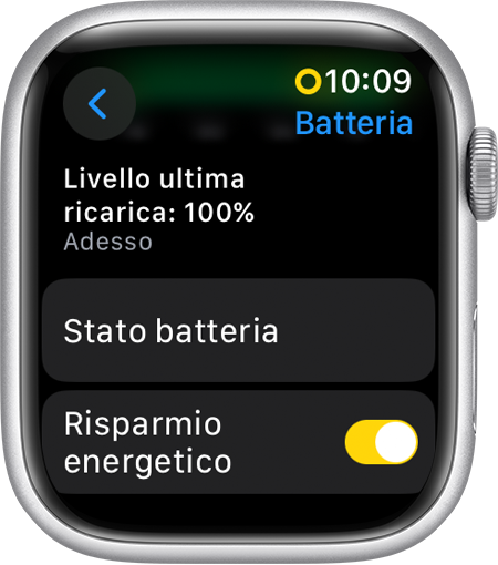 Apple Watch che mostra la modalità Risparmio energetico in Impostazioni