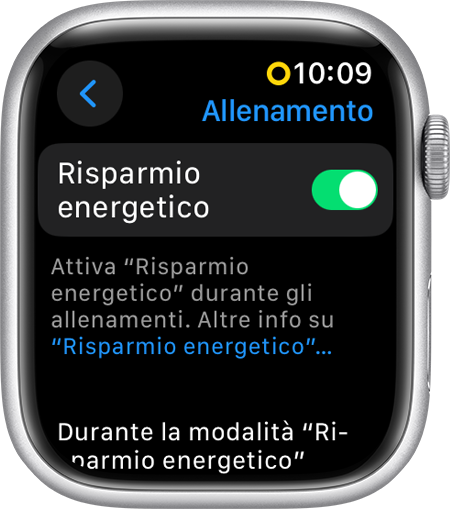 Apple Watch che mostra la modalità Risparmio energetico nelle impostazioni di Allenamento