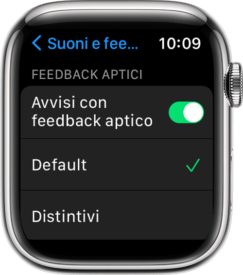 Apple Watch che mostra la schermata Suoni e feedback aptico in Impostazioni