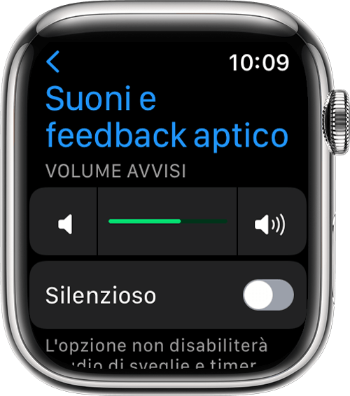 Apple Watch che mostra la schermata Suoni e feedback aptico in Impostazioni