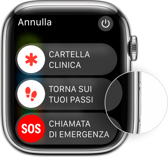 Apple Watch con il cursore di spegnimento visualizzato e la posizione del tasto laterale in evidenza.