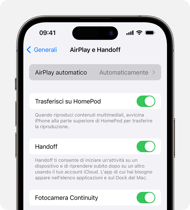 Automatico è selezionato per AirPlay automatico sullo schermo AirPlay e Handoff su iPhone