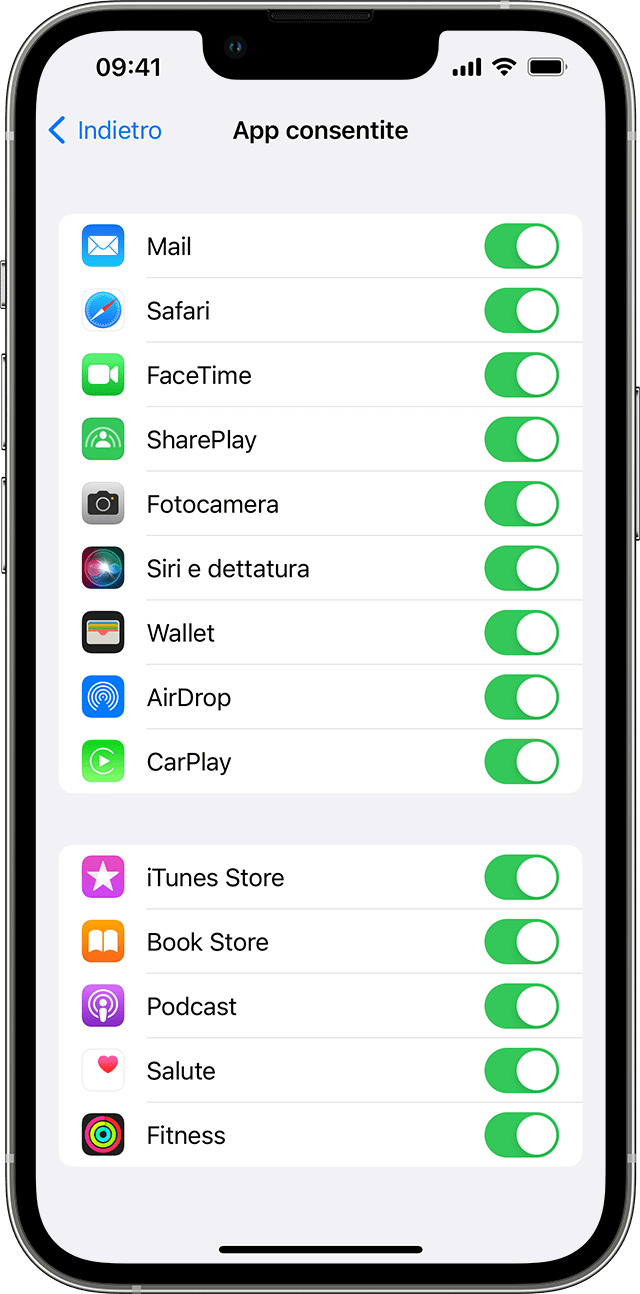 Un iPhone che mostra la schermata App consentite. Il pulsante delle app selezionate è sulla posizione di attivazione.