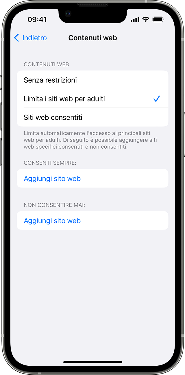 Un iPhone che mostra la schermata Contenuti web. Sotto Contenuti web, l'opzione Limita i siti web per adulti è selezionata e presenta un segno di spunta.