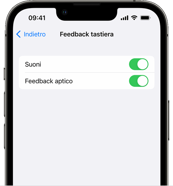 Modificare l'impostazione per suoni e feedback aptico della tastiera dell' iPhone - Supporto Apple (IT)