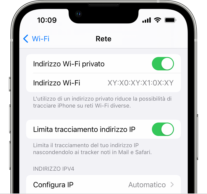 Su iPhone, attiva o disattiva Indirizzo Wi-Fi privato nell'app Impostazioni