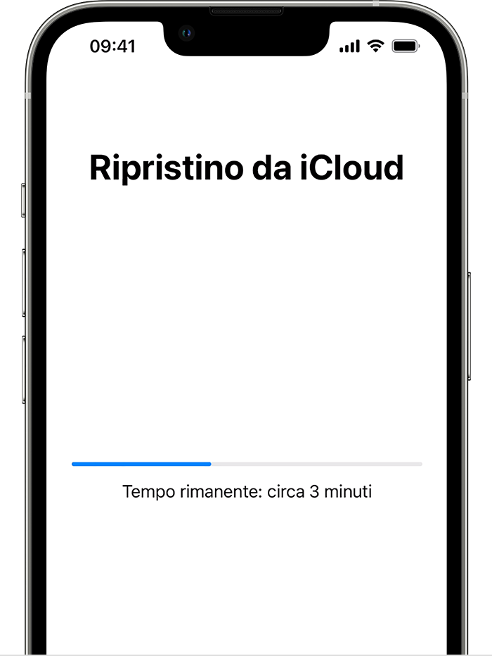 Un iPhone che mostra la schermata Ripristina da iCloud con una barra di avanzamento. Il messaggio indica che il tempo rimanente è di circa 20 minuti.