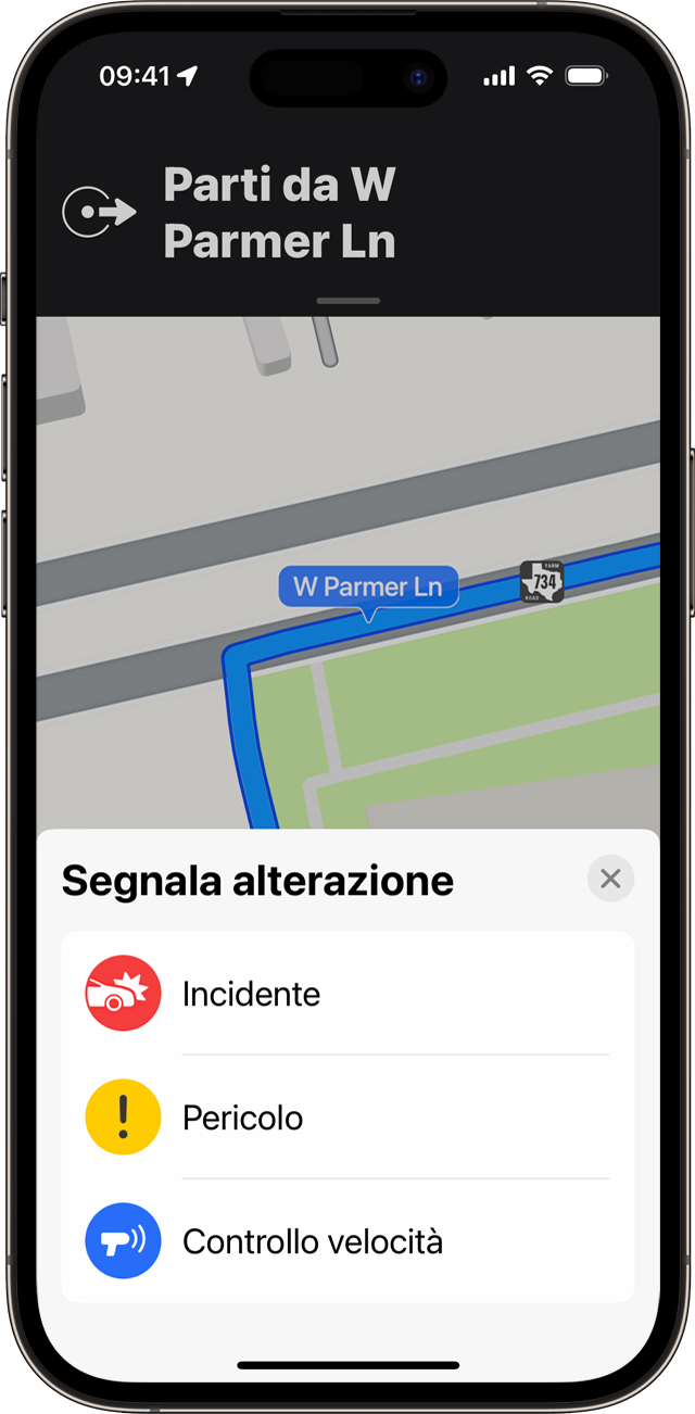 Puoi segnalare un'alterazione del traffico mentre usi le indicazioni passo-passo in Mappe sul tuo iPhone.