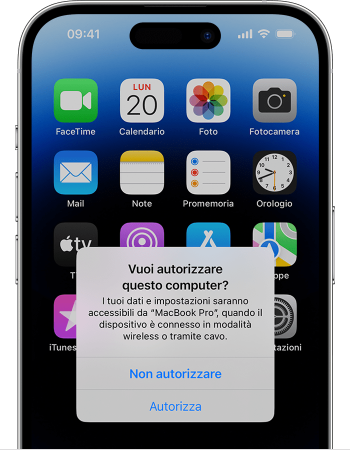 Schermata di iPhone che mostra l'avviso “Vuoi autorizzare questo computer?”