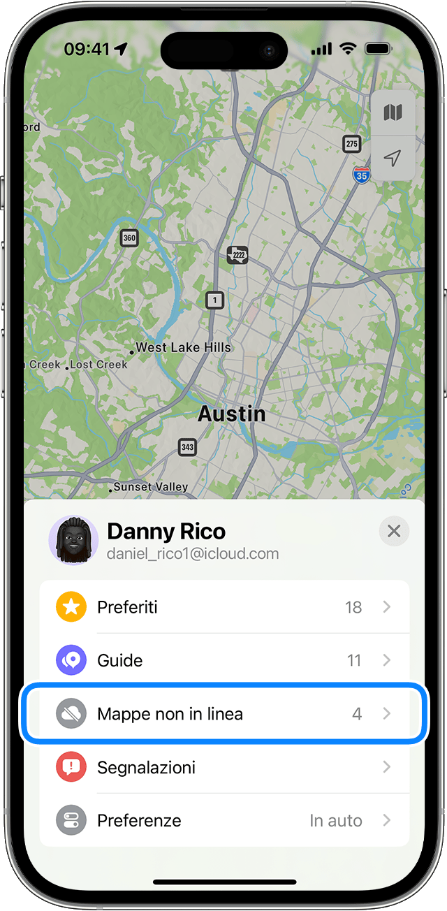 Tocca la tua foto o le tue iniziali nell'app Mappe per vedere quante mappe non in linea hai scaricato attualmente.