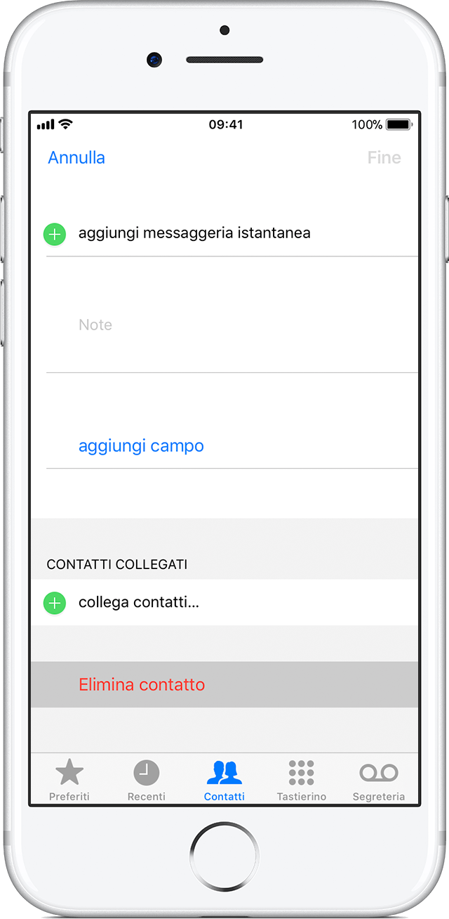 Gestione ed eliminazione dei contatti sull'iPhone, l'iPad o l'iPod