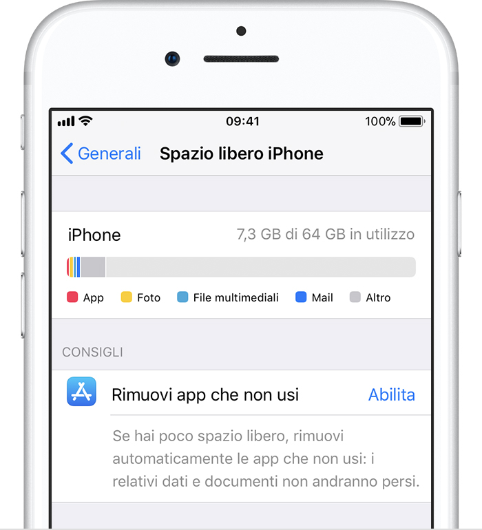 Uso del dispositivo iOS per verificarne lo spazio di archiviazione