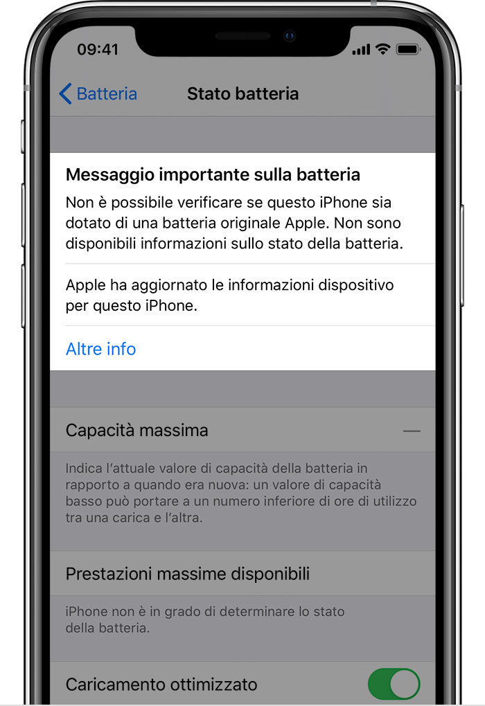 Immagine con un messaggio in cui si indica che l'iPhone non è in grado di verificare se la batteria è una batteria originale Apple