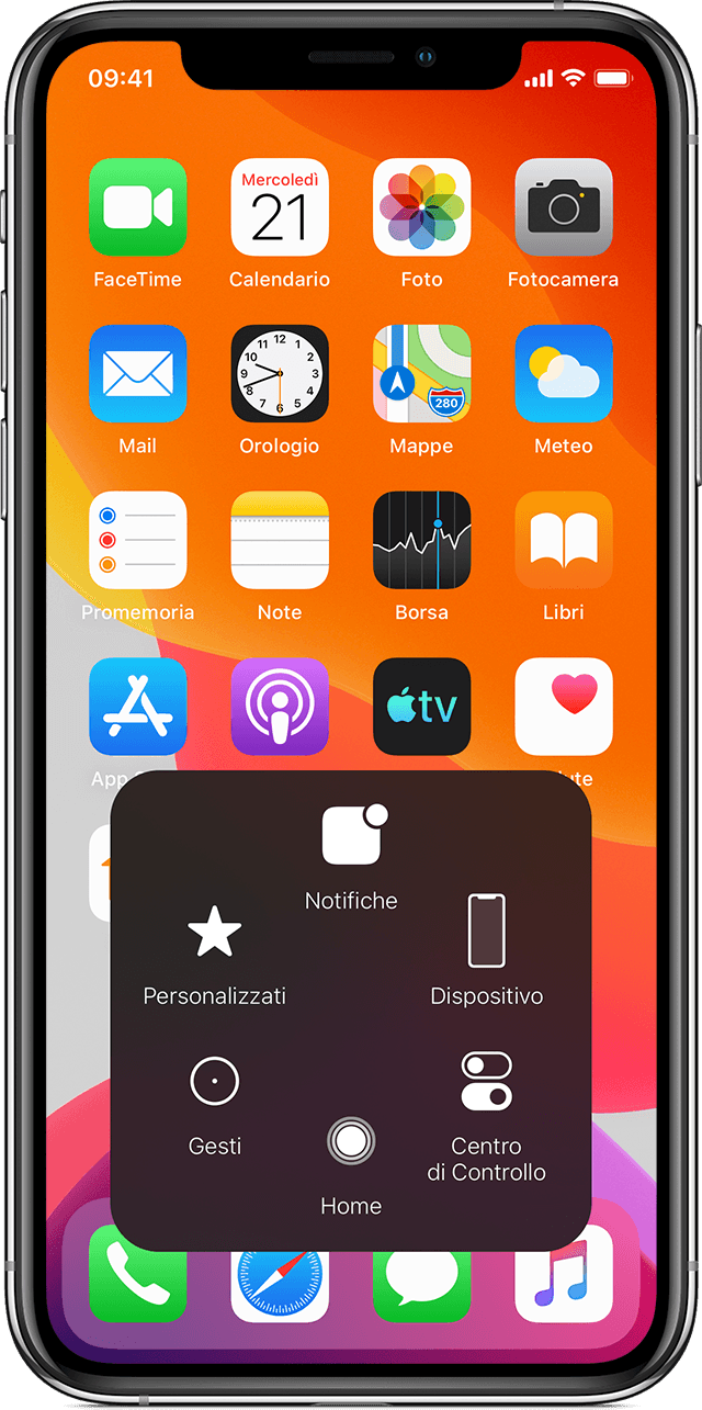 Schermata Home di iPhone che mostra il menu AssistiveTouch