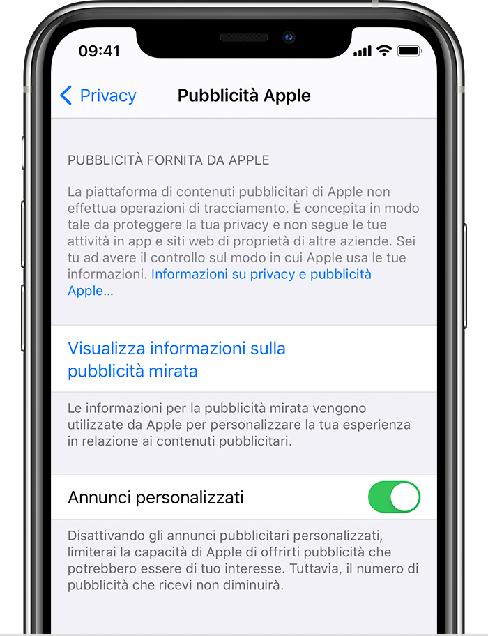 iPhone con le opzioni in Pubblicità Apple, tra cui Visualizza informazioni sulla pubblicità mirata e Annunci personalizzati