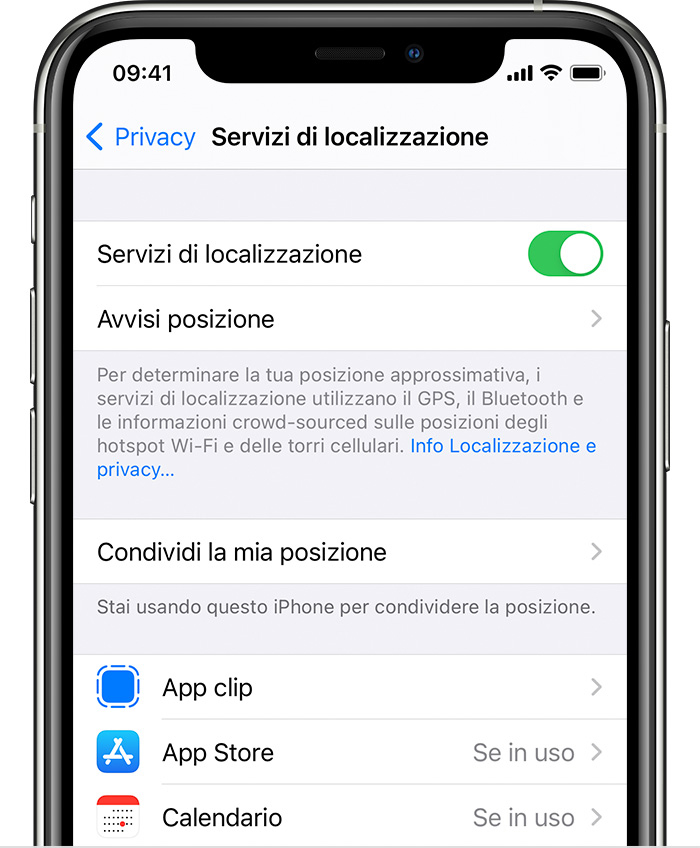 iPhone con le opzioni in Servizi di localizzazione, tra cui Avvisi posizione e impostazioni specifiche per le app