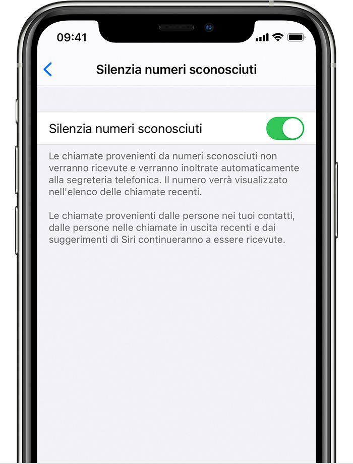 iPhone che mostra come attivare la funzione Silenzia numeri sconosciuti