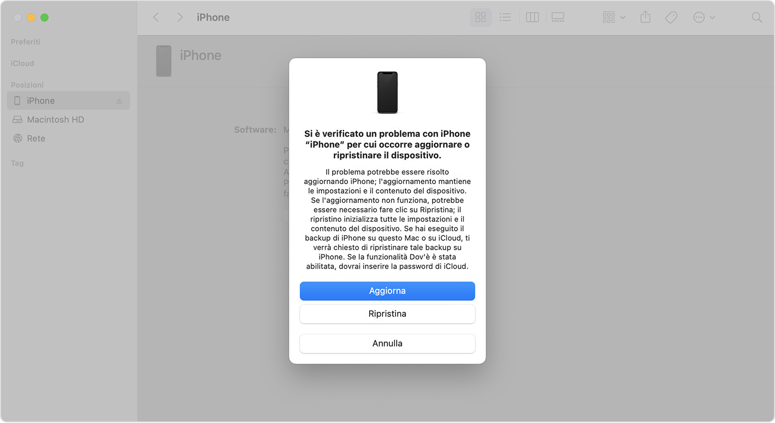 Finestra del Finder che mostra un messaggio con la possibilità di aggiornare o ripristinare l'iPhone. È selezionata l'opzione Aggiorna.