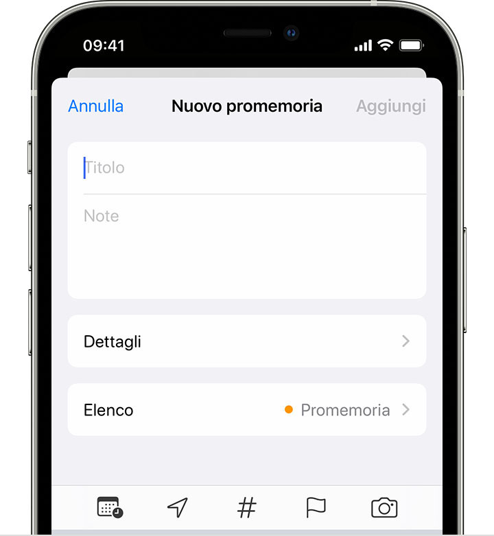 Un iPhone che mostra la schermata Nuovo promemoria, in cui puoi aggiungere un titolo, note e altri dettagli per creare un promemoria.