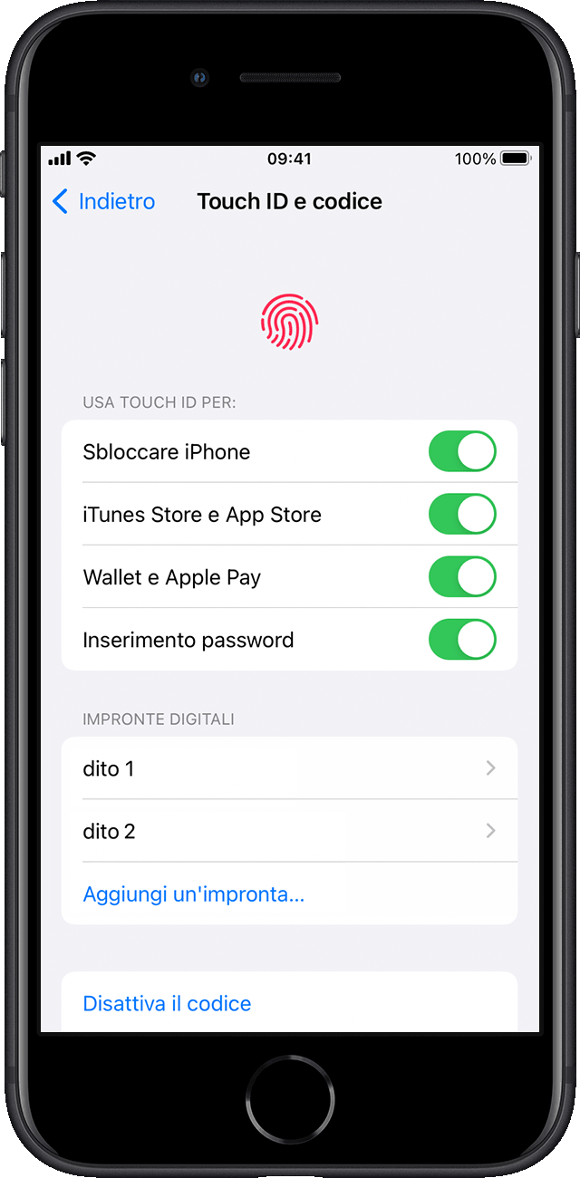 In Impostazioni, un utente sceglie le funzioni di iPhone da abilitare con Touch ID