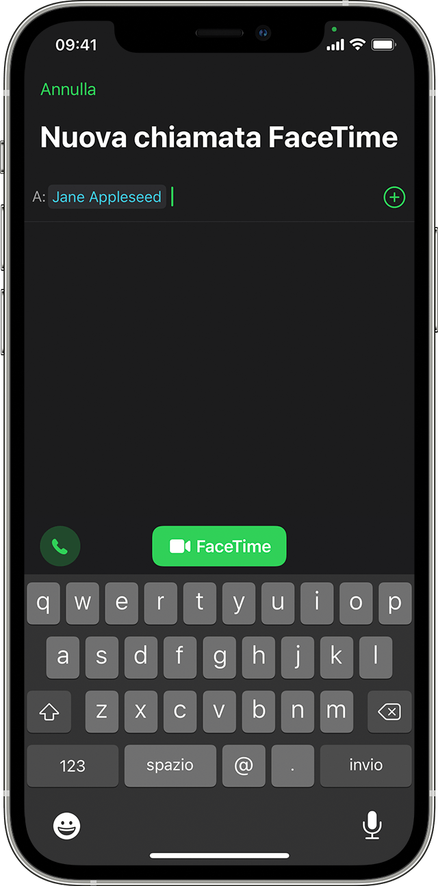 iPhone che mostra l'app Telefono durante una chiamata con Jane Appleseed; il pulsante FaceTime si trova nella seconda fila di icone al centro dello schermo.