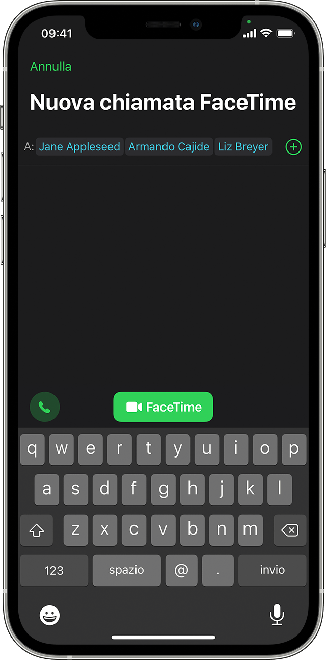 iPhone mostra come avviare una chiamata FaceTime di gruppo dall'app FaceTime